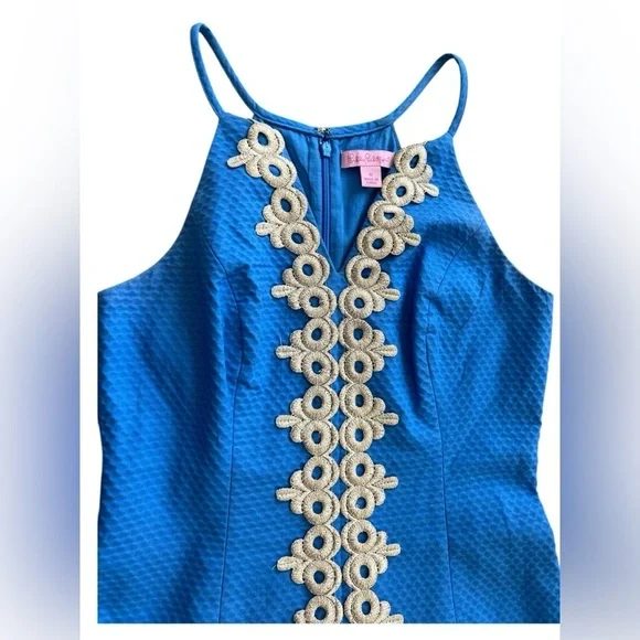 Lilly Pulitzer Pearl Lapis Blue Gold Lace Pique Shift Dress Rare - Picture 3 of 4